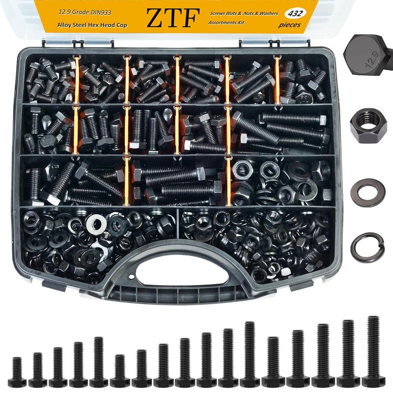 ZTF 432pcs Grade 12.9 Nuts and Bolts Assortment Kit,M6 M8 M10 Heavy Duty Bolts and Nuts Kit, M6 x1.0 M8 x1.25 M10-1.25 (12mm to 45mm) Hex Socket & Flat Head Metric Screws Assortment Kit - Image 1